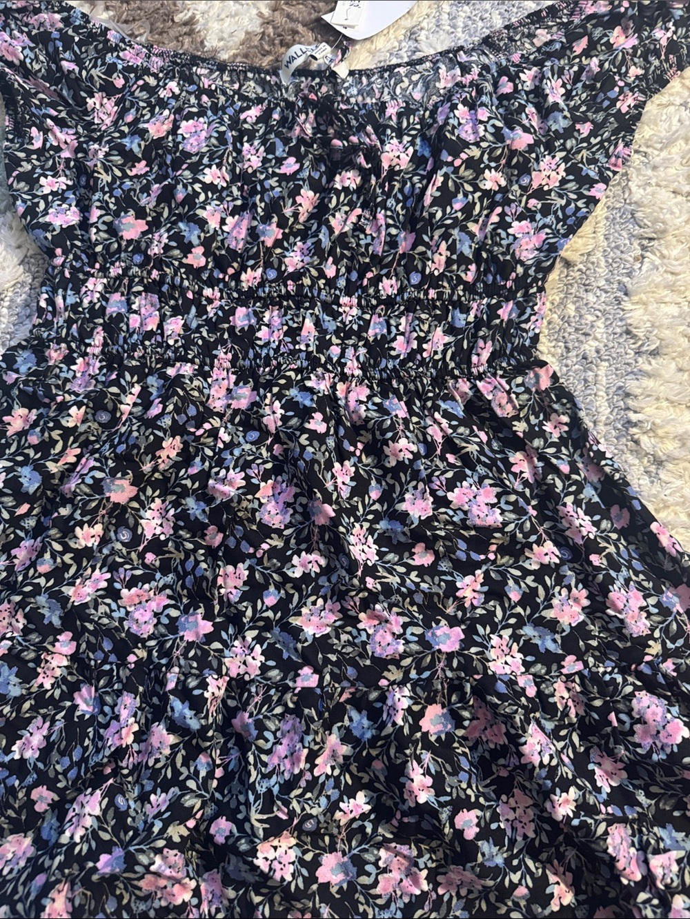Wallflower Smocked Floral Off-Shoulder Kids Dress - Black with Pink Flowers - Picture 2 of 5